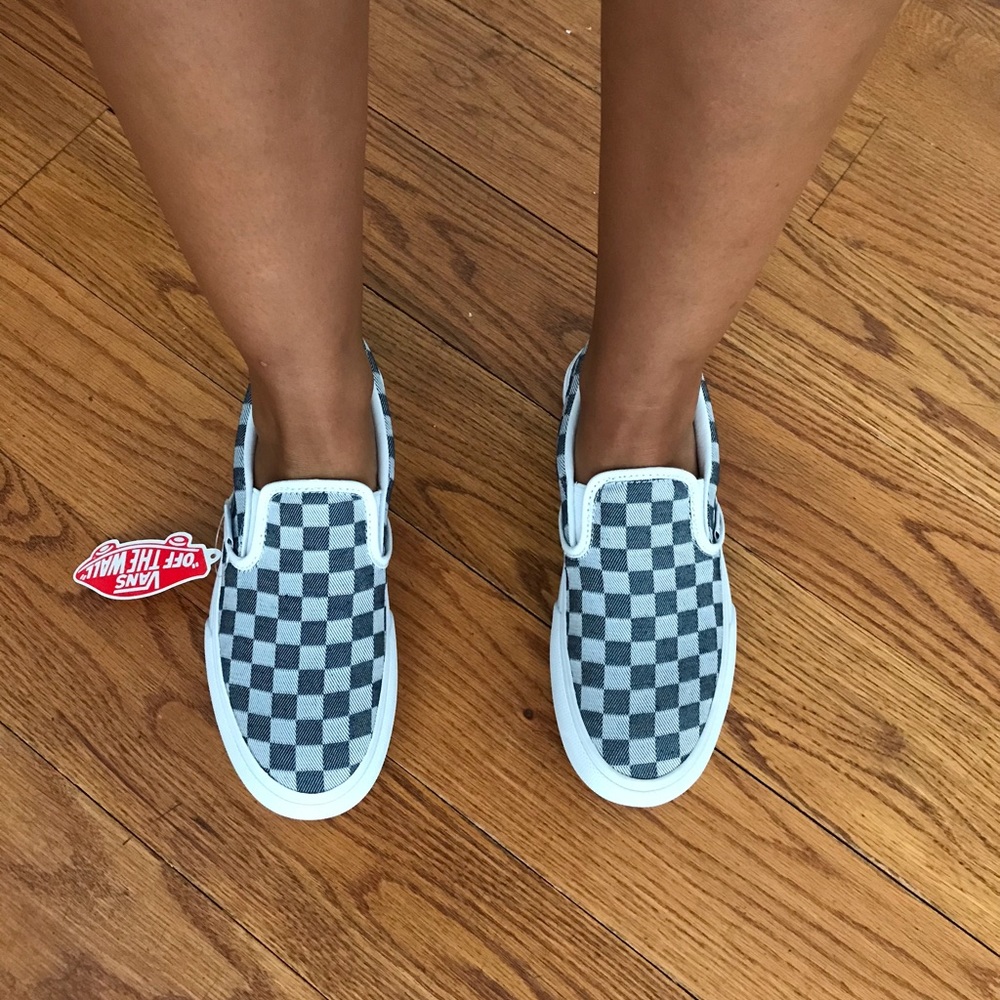 Denim blue checkered platform vans slip ons